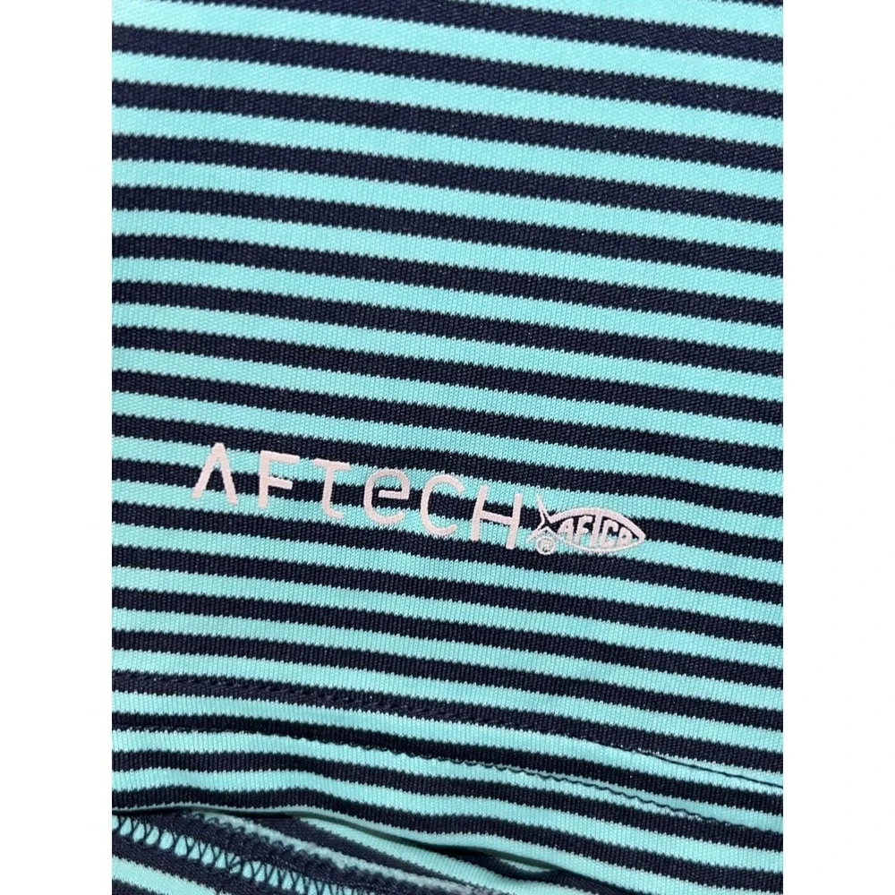 AFTCO AFTECH Mens XL Performance Fishing Polo Shirt Striped Teal Navy Blue